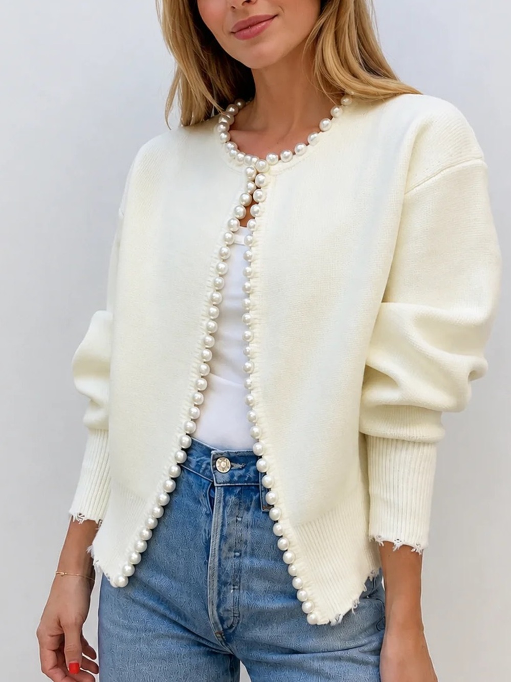 Commense Ivory Pearl-Trim Knit Cardigan